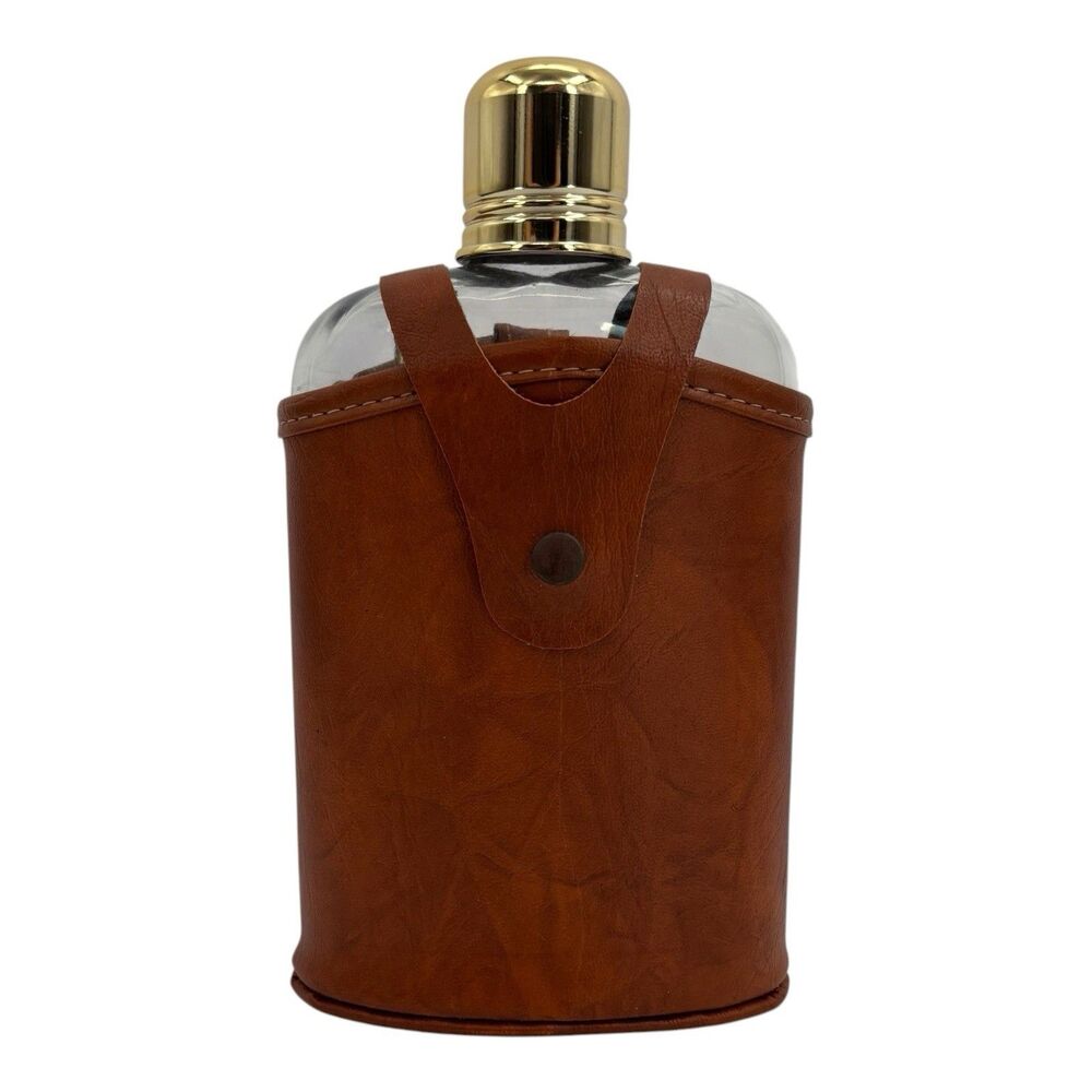 Vintage Glass Bottle Flask With Leather Case Gold Tone Cap Barware